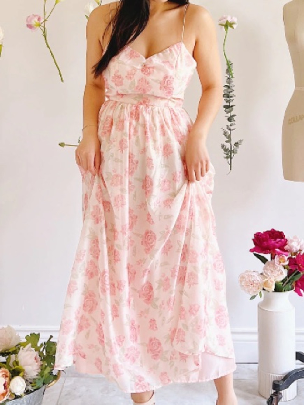 Floral Pink Maxi Dress with Spaghetti Straps